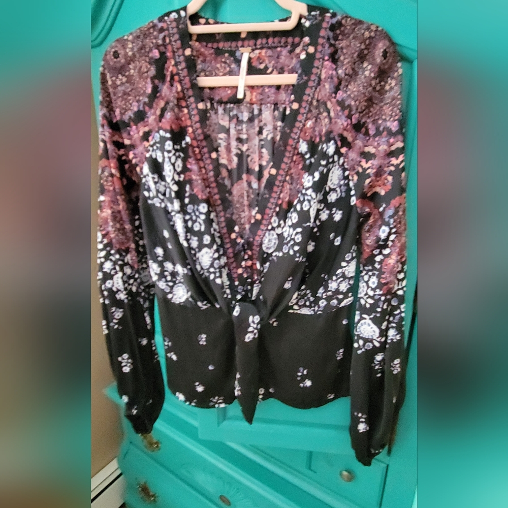 Free People Black and Purple Floral Blouse